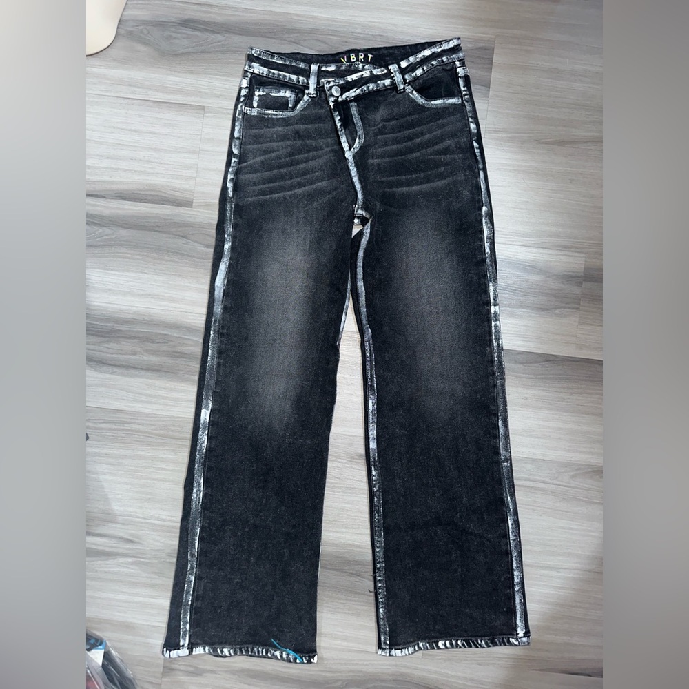 VBRT Y2K Wide Leg Distressed Black Wash Jeans with White Paint Accent Pants